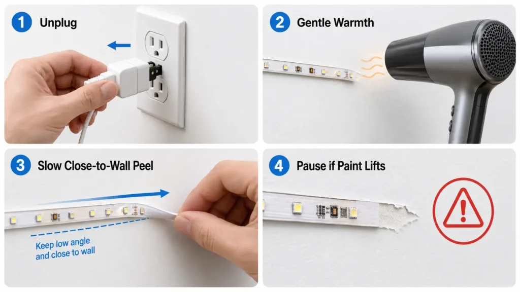 Hand peeling LED strip slowly close to a painted wall