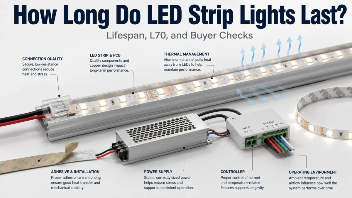 Learn what LED strip lifespan means, how L70 and rated hours work, and which factors buyers should check before trusting lifetime claims.