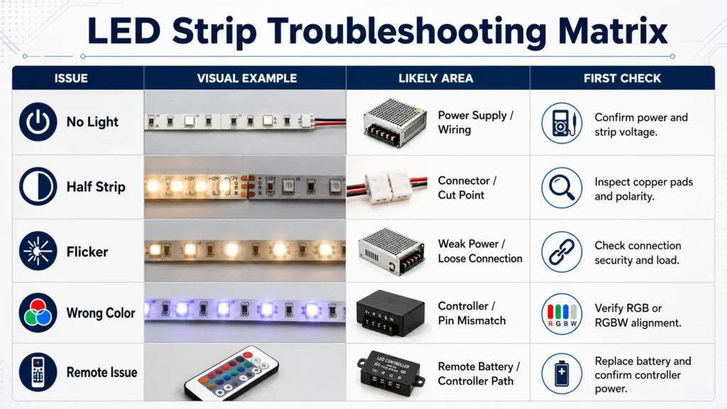 Table for LED strip light problems and first checks