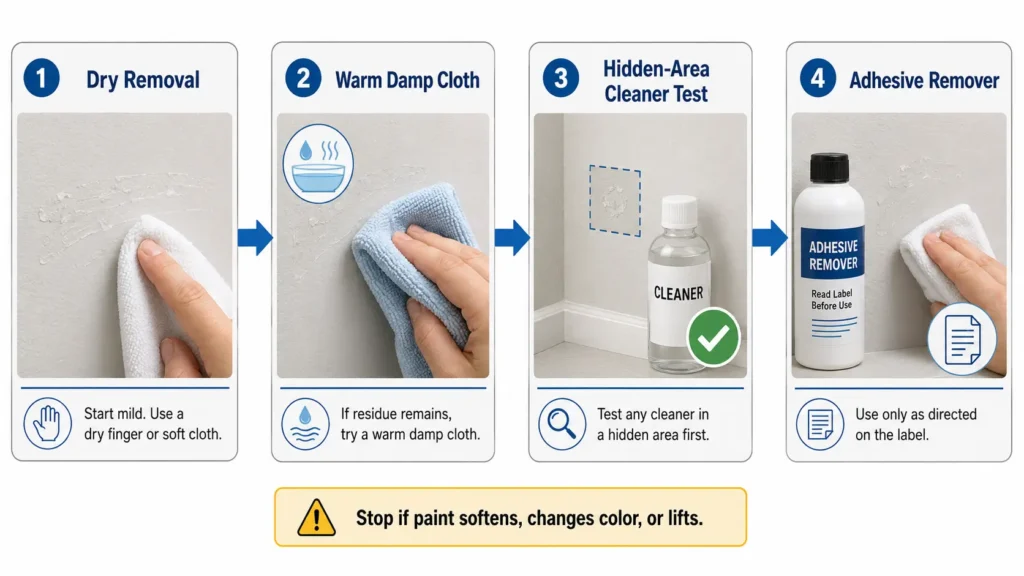 Flowchart for mild LED strip adhesive residue cleanup and cleaner spot testing