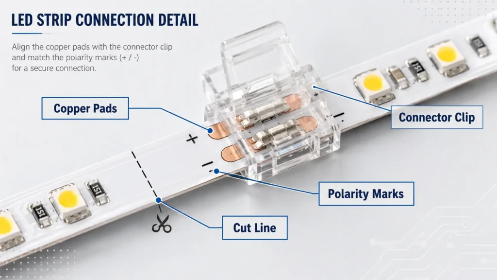 LED strip connector fit and plus/minus mark check