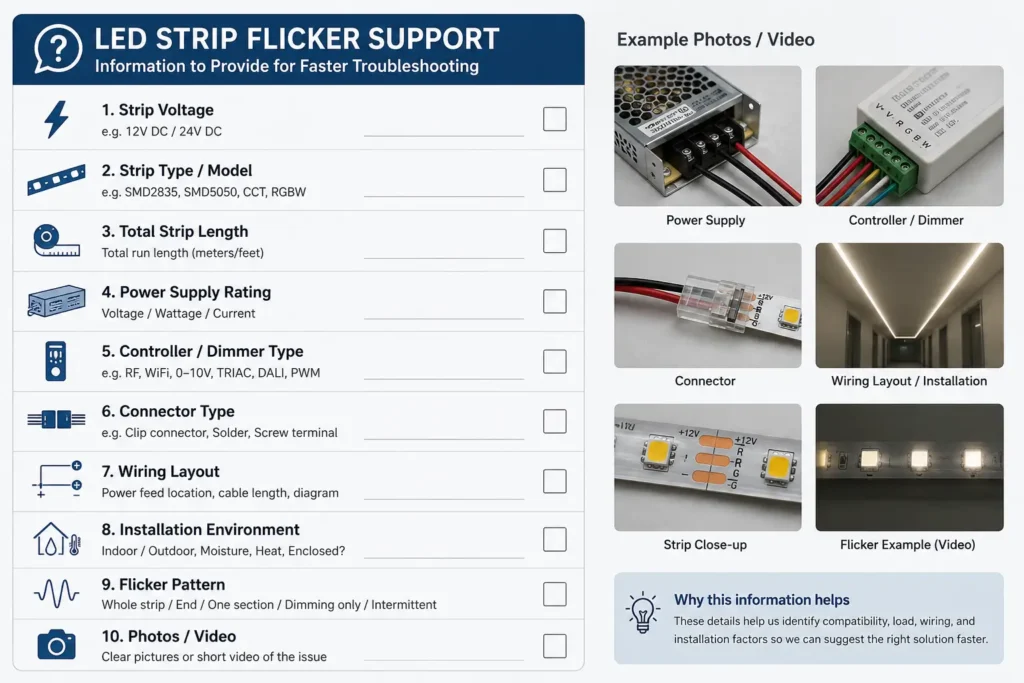 LED strip flicker support checklist with voltage, run length, power supply, controller, wiring, and flicker pattern details