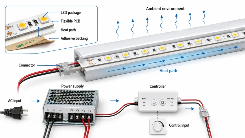 Diagram showing LED strip lifespan factors including LED package, PCB, heat, power supply, connectors, adhesive, and environment