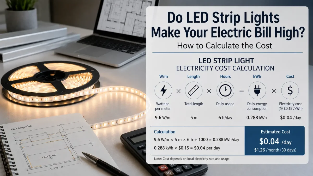 LED strip light with electricity cost calculation showing watts, runtime, and kWh rate.