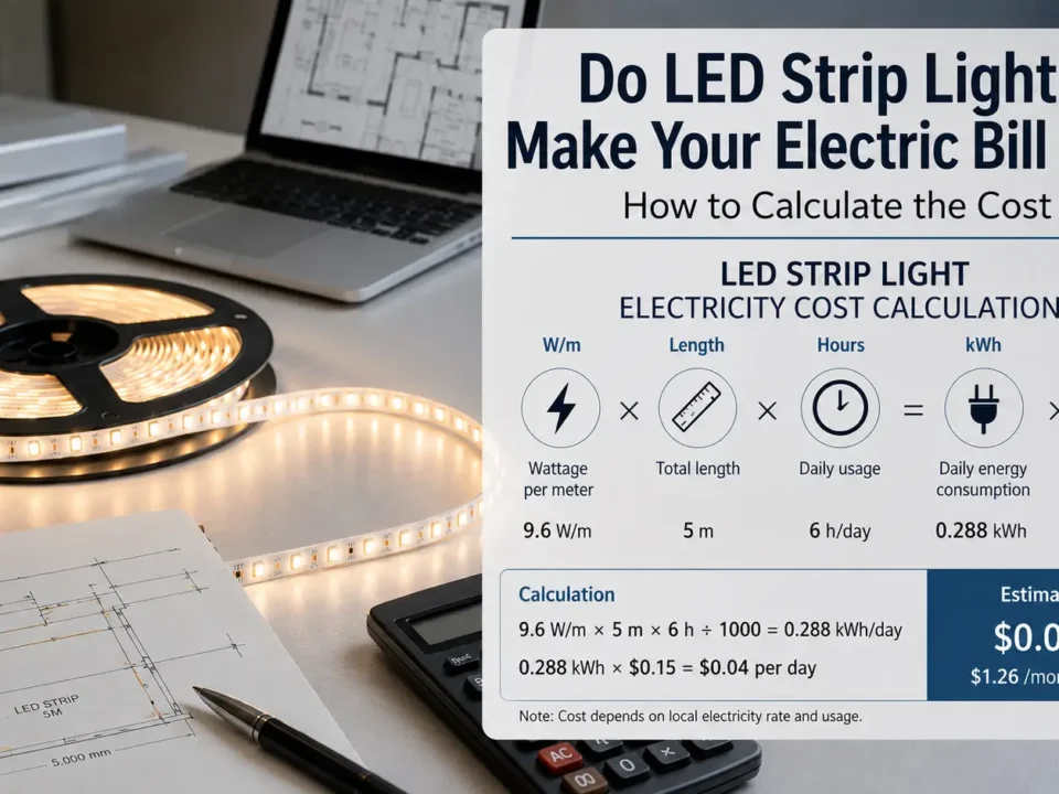 LED strip light with electricity cost calculation showing watts, runtime, and kWh rate.