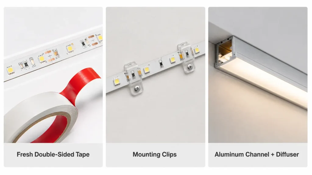 Comparison of fresh adhesive tape, mounting clips, and aluminum channel for LED strip reuse