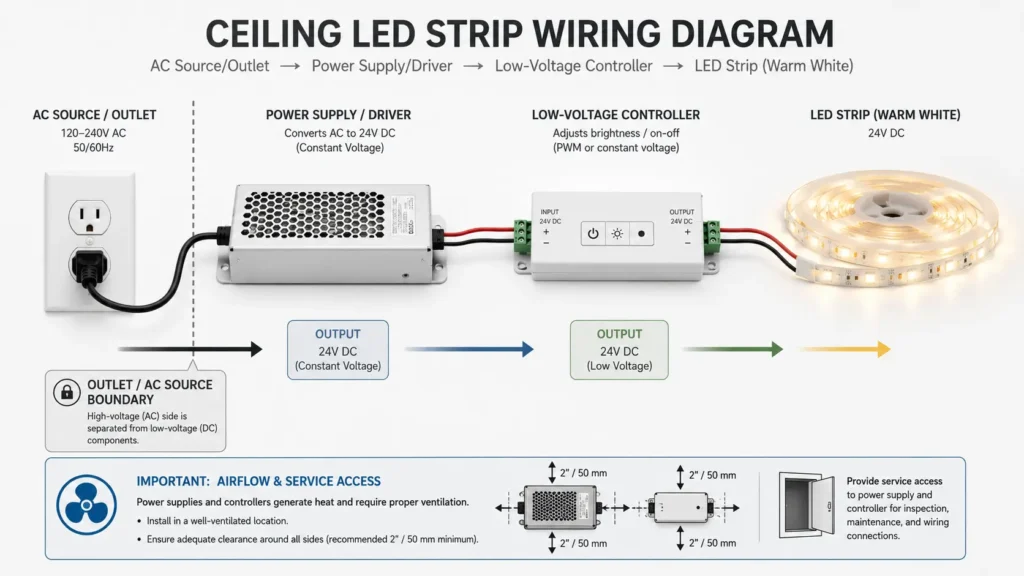 LED strip connected to matching power supply and controller with ventilation and access notes
