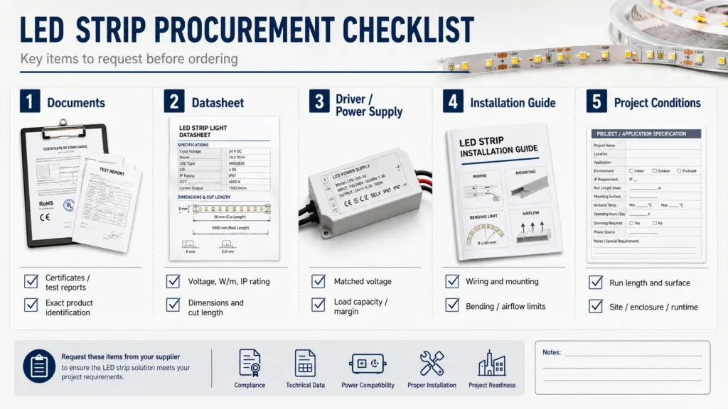 RFQ checklist for LED strip datasheet, driver guidance, installation notes, and available test documents