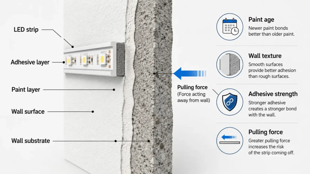 Diagram showing painted wall, LED strip adhesive, and paint-risk factors