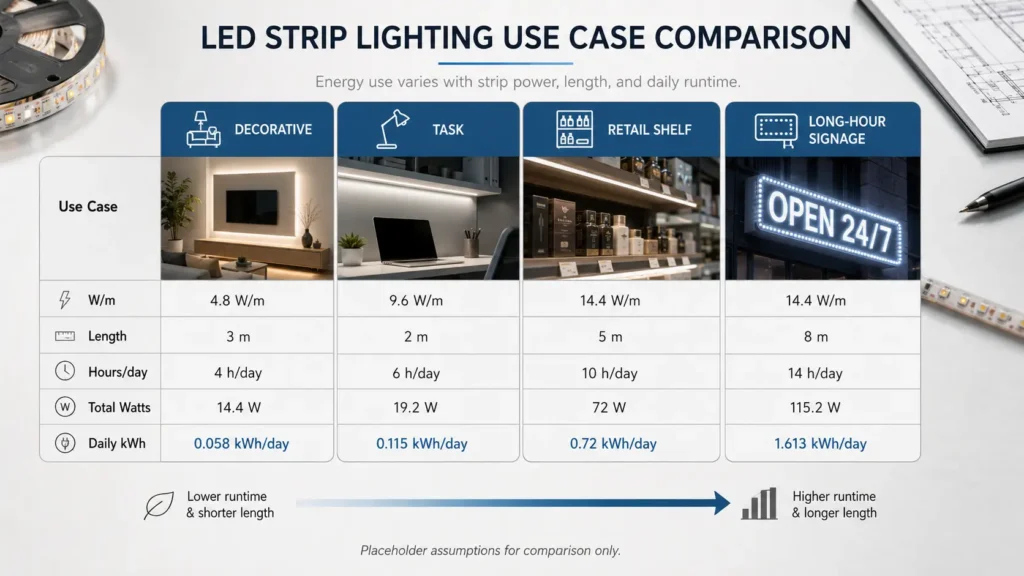 Comparison graphic showing short decorative LED strip use versus longer commercial LED strip use.