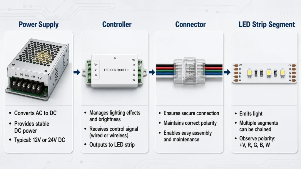 Flowchart for LED strip power, controller, connector, and strip checks