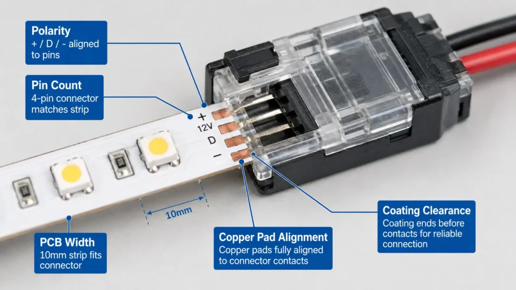 Close-up showing polarity, pin count, PCB width, and copper pad alignment on an LED strip connector