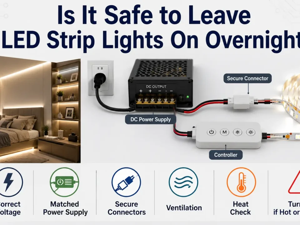LED strip lights being evaluated for reuse with checks for adhesive, cut marks, polarity, and power supply compatibility