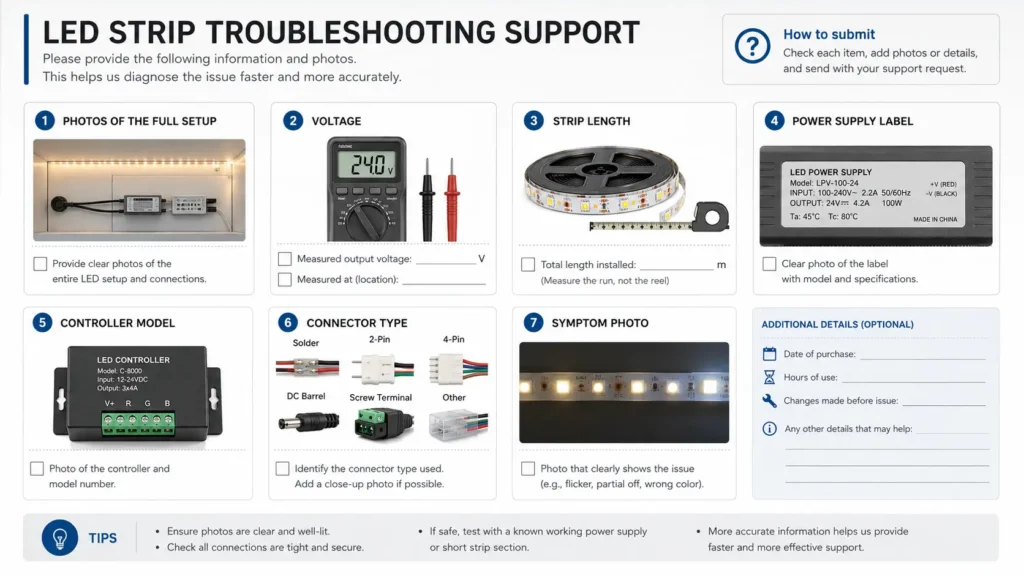 Checklist of LED strip details to send to a supplier