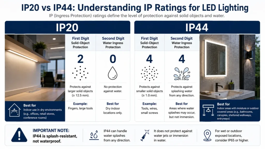 Diagram explaining that the first IP digit relates to solid-object protection and the second IP digit relates to water ingress protection for IP20 and IP44 lighting.