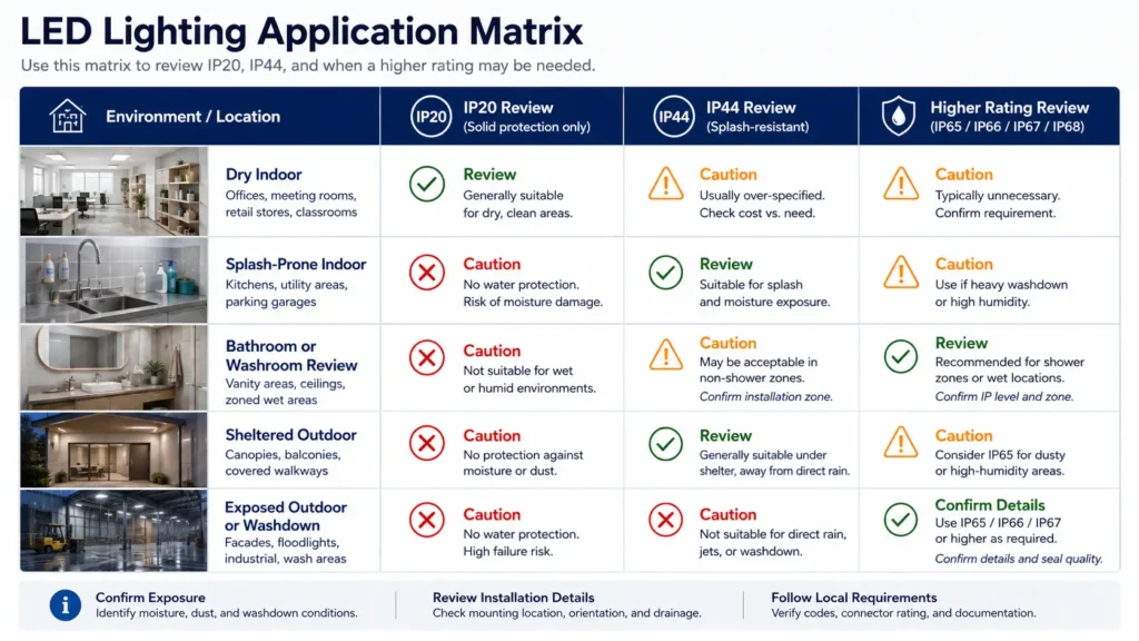 Application review matrix comparing IP20 and IP44 for dry indoor, splash-prone, sheltered outdoor, exposed outdoor, and washdown lighting conditions.
