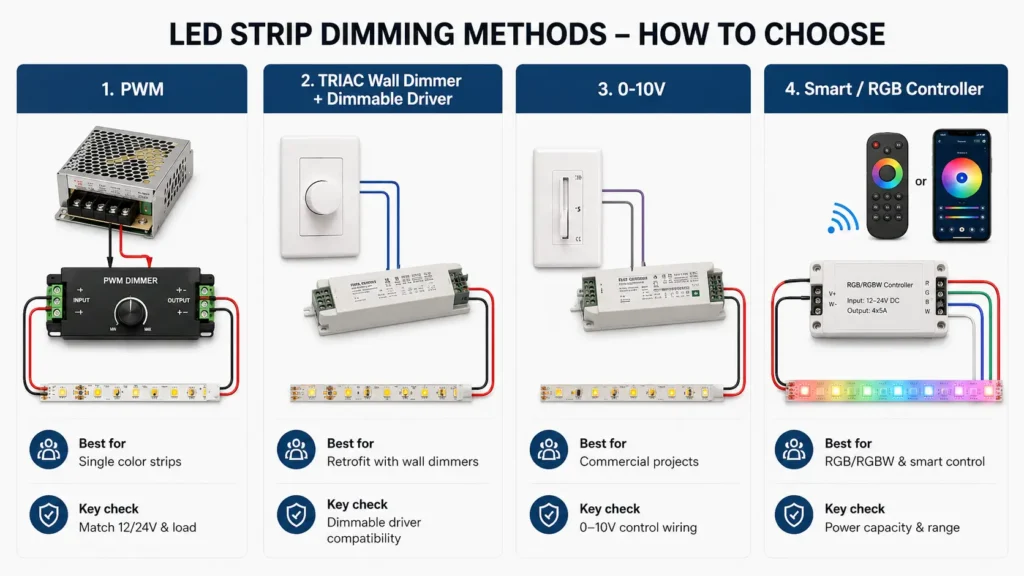 Comparison of PWM, TRIAC, 0-10V and controller-based LED strip dimming methods.