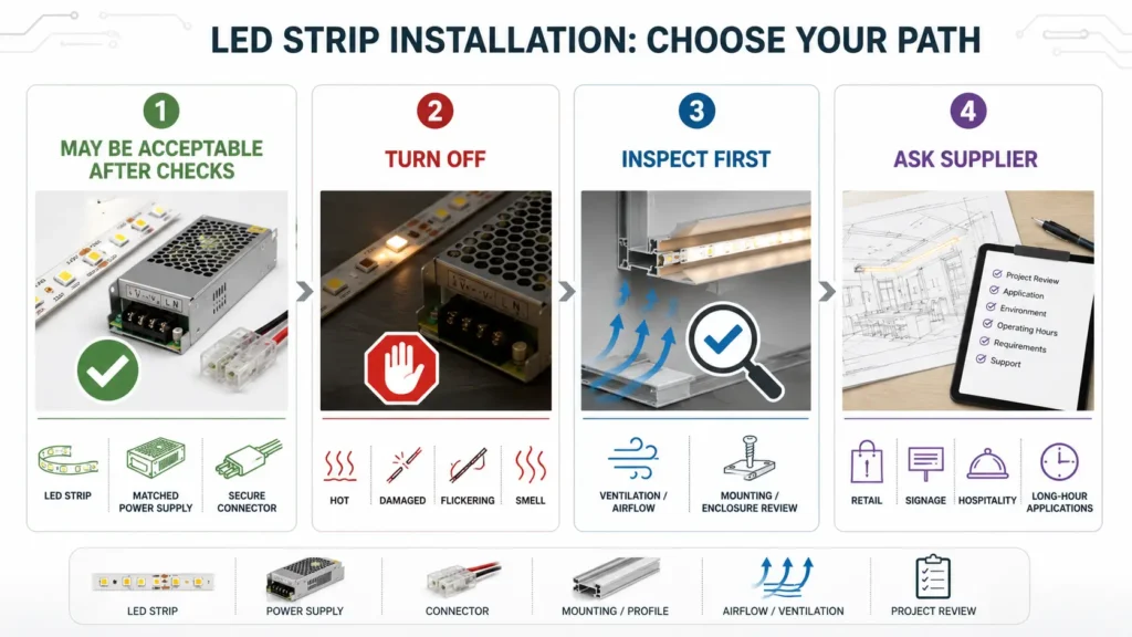 Decision table for checking LED strip overnight safety, power supply, and inspection needs