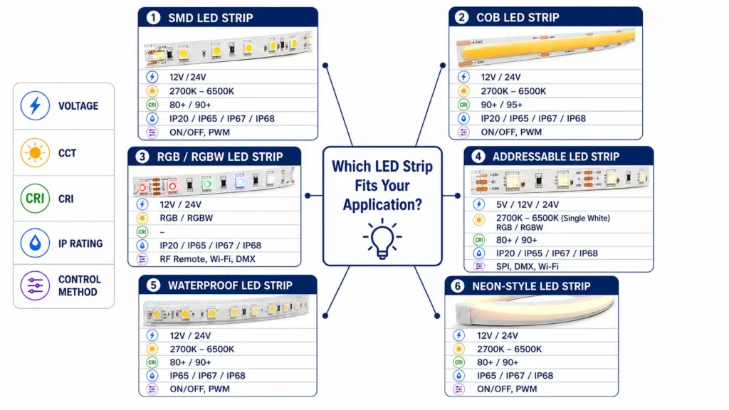 LED strip types matched to applications and specification factors