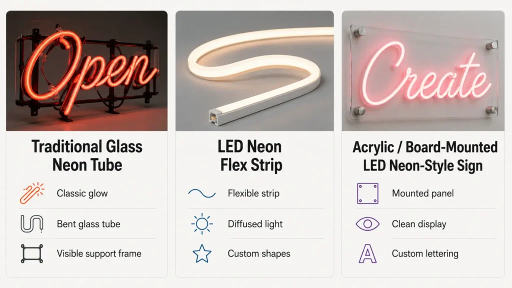 Diagram comparing traditional glass neon, LED neon flex, and acrylic LED neon-style signs