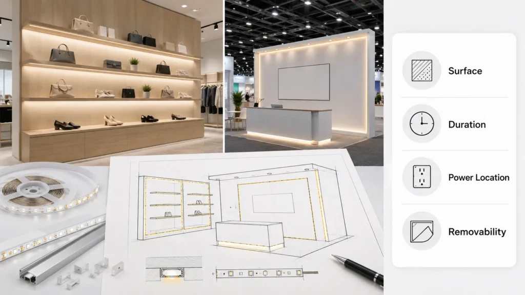 Temporary LED strip installation planning for retail displays and event walls