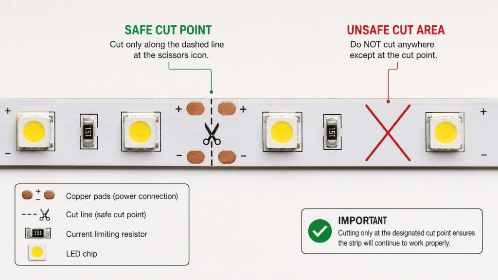 Diagram showing LED strip cut line, copper pads, and unsafe cut area