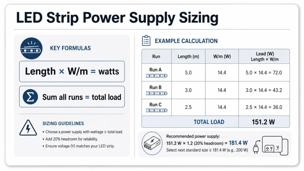 Formula card for calculating LED strip power supply load from strip length and watts per meter.