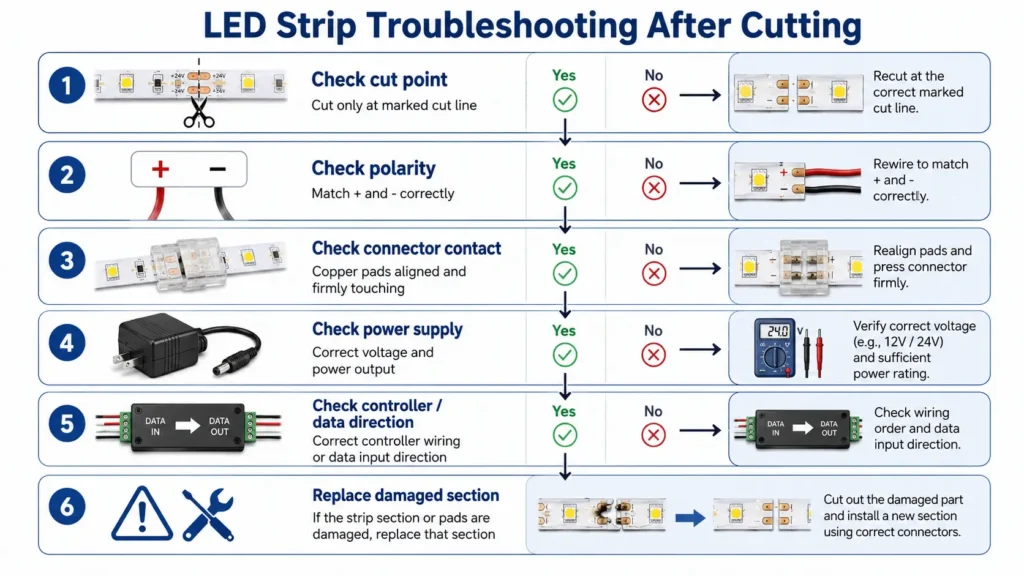 Troubleshooting flowchart for LED strip not lighting after cutting