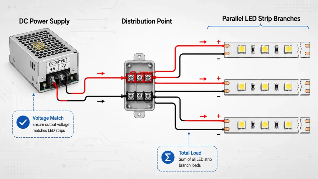 Diagram showing multiple LED strip runs connected in parallel to one matching DC power supply.