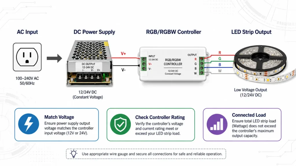 Diagram showing power supply connected to controller and controller output connected to LED strip channels.