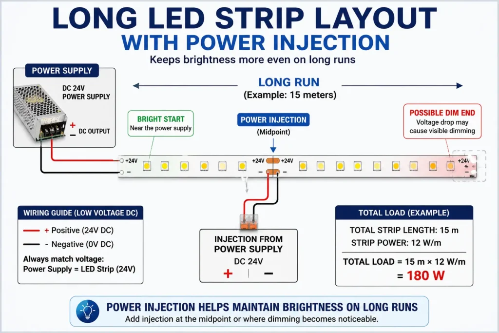 Diagram showing long LED strip run with additional power injection points to reduce far-end dimming.