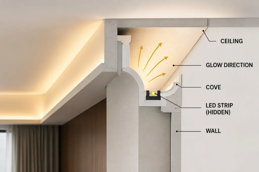 Cross-section diagram showing LED strip hidden in a ceiling cove with indirect light glow