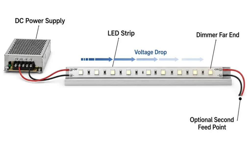 Diagram showing voltage drop along an LED strip and optional additional power feed point