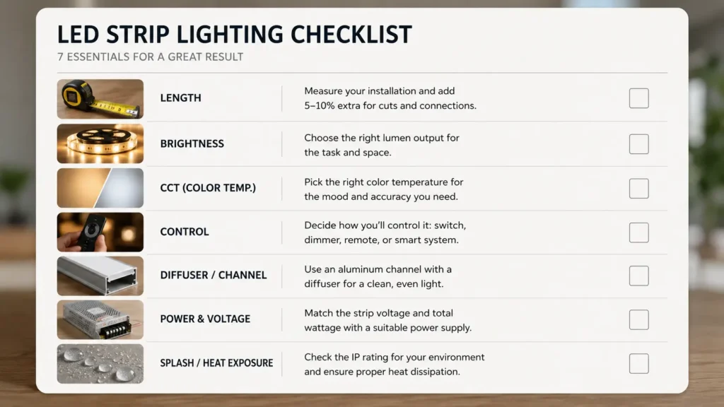 Checklist graphic for strip length, lumens, CCT, control, diffuser, power route, and exposure