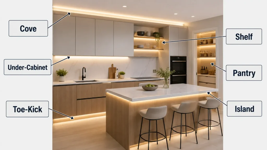 Kitchen strip lighting placement zones