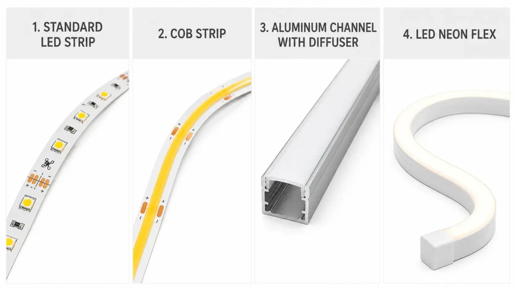 LED Strip, COB Strip, Diffuser Channel, and LED Neon Comparison