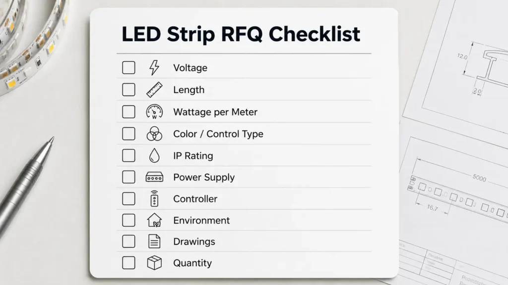 Checklist card for LED strip voltage, length, wattage, controller, IP rating, and installation environment