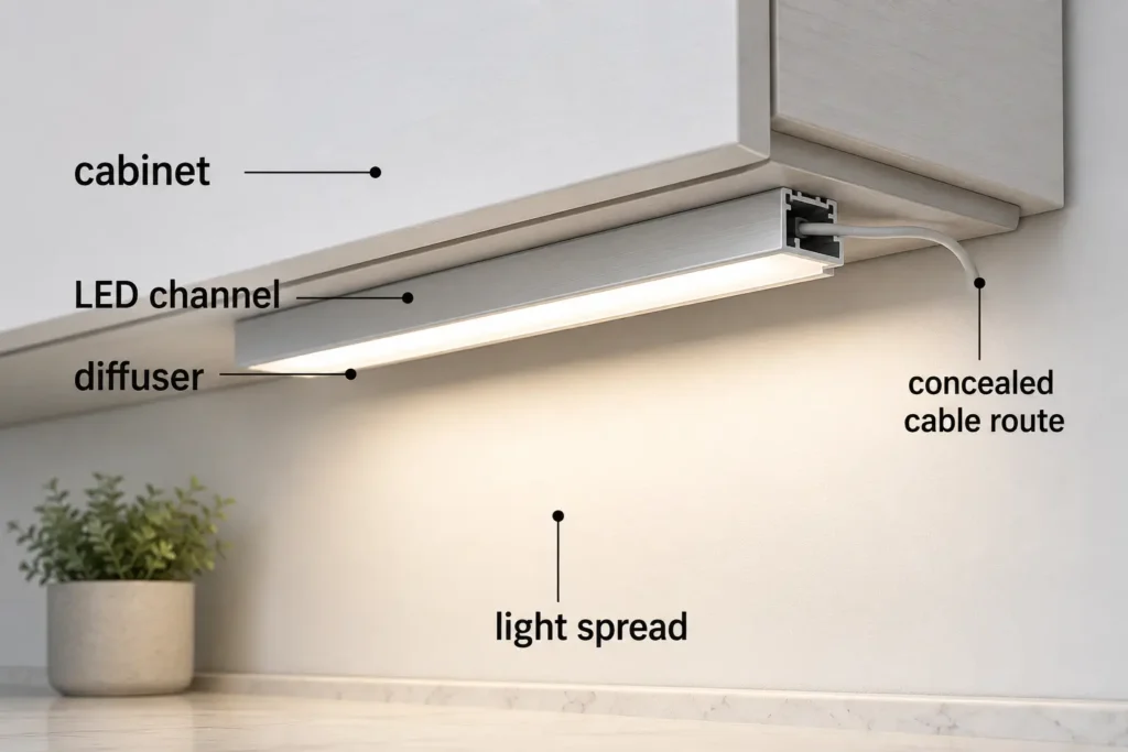 Under-cabinet LED strip installed inside a channel with diffuser and concealed cable route