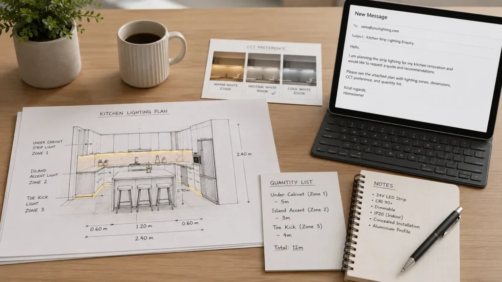 Buyer preparing dimensions, photos, quantity, and lighting preference for a kitchen strip lighting request