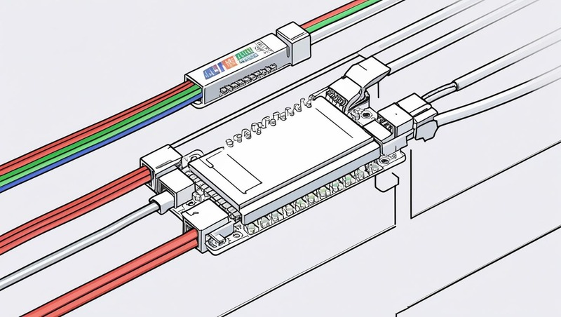 Diagram showing 3-pin RGB LED strip connector with +12 V, R, G, B pins connected to controller outputs. 