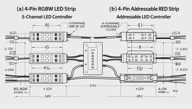 Two wiring schematics showing 4-pin RGBW (+12 V, R, G, B, W) and 4-pin ARGB (+5 V, Data, Clock, Ground) LED strips connected to respective controllers.