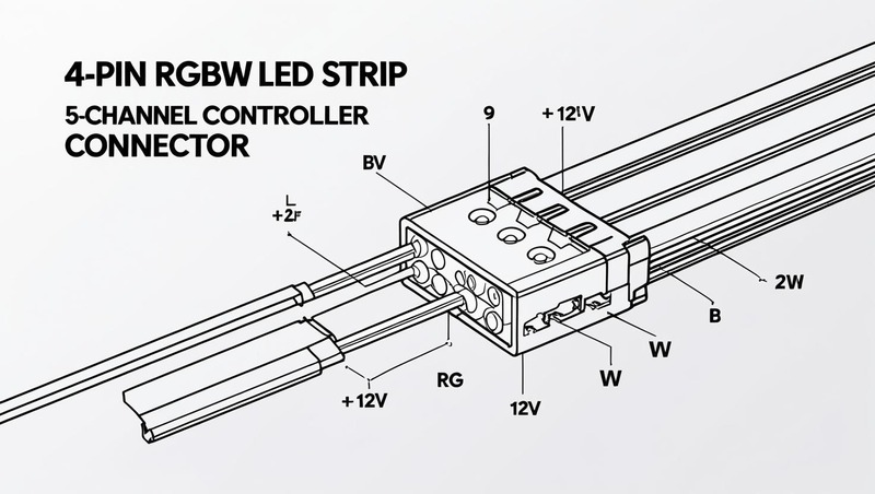 Diagram of a 4-pin RGBW LED strip with +12 V, Red, Green, Blue, and White channels connected to a controller. 