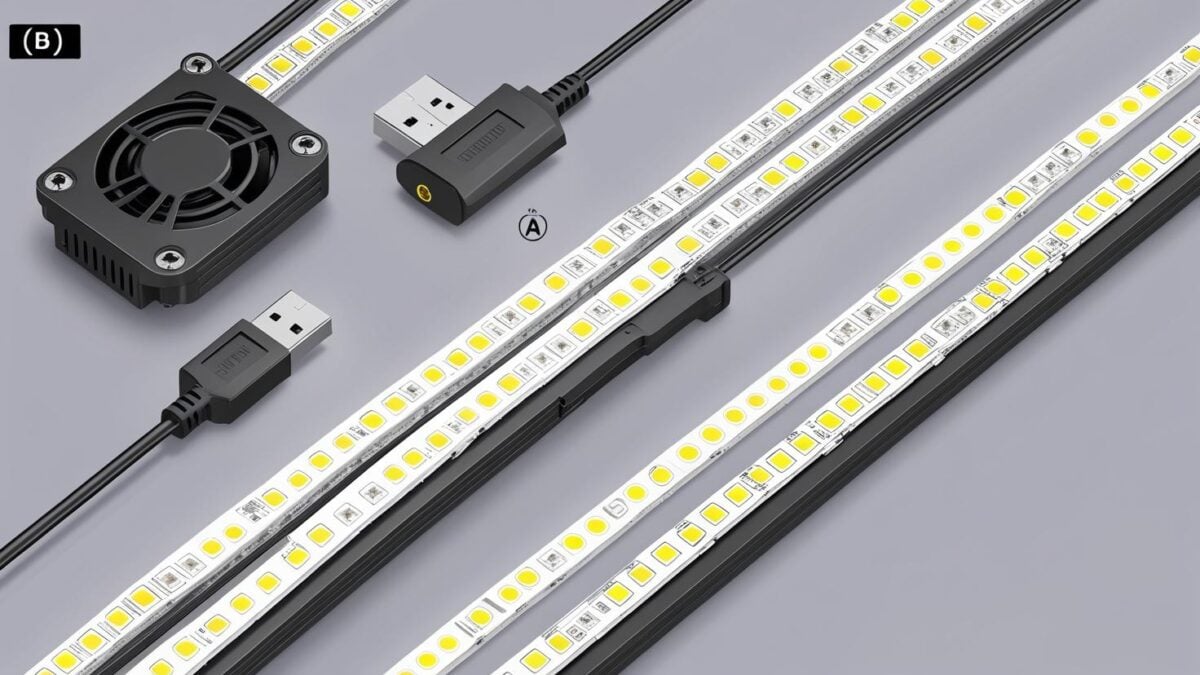 Line drawing comparing a USB-powered 5 V LED strip with dense pixel spacing against a 12 V strip with dual power-injection for long runs.
