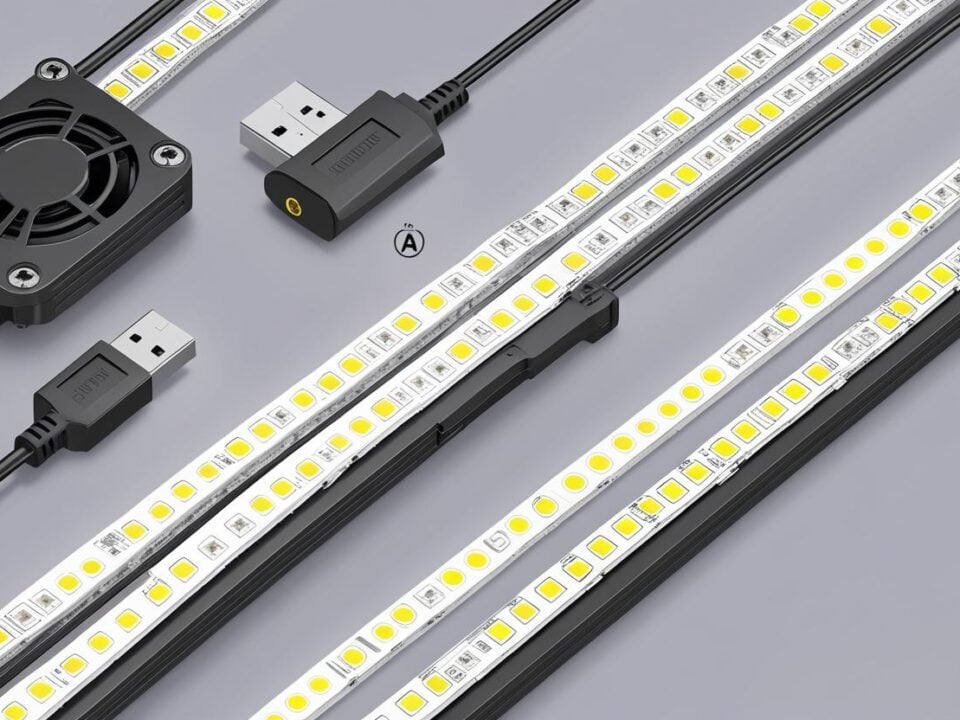Line drawing comparing a USB-powered 5 V LED strip with dense pixel spacing against a 12 V strip with dual power-injection for long runs.
