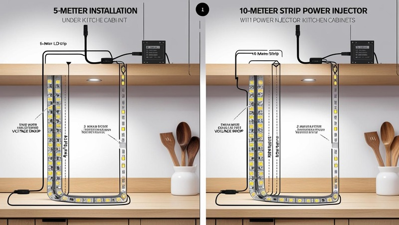 Illustration of a 5 m LED strip powered at one end and a 10 m strip requiring power injection at both ends to maintain brightness.