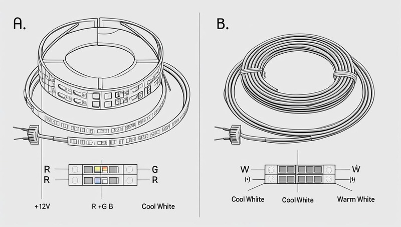 Diagram showing a 5-pin RGB+CCT LED strip wired to a 4-pin controller by merging cool and warm white channels into one white lead. 