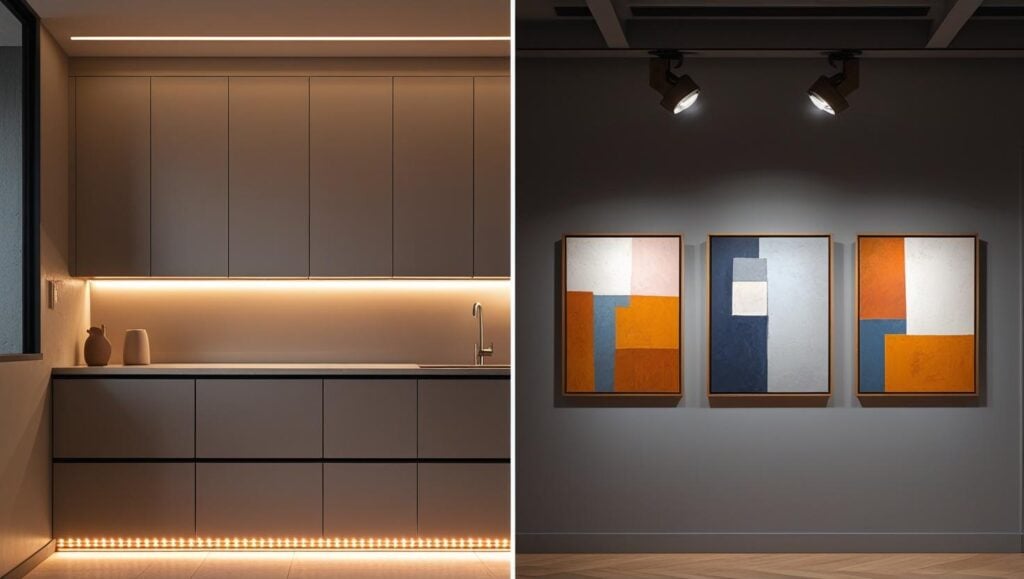 Clear visual representation comparing the ambient glow of LED strip lights in a residential setting versus targeted spotlight illumination highlighting artworks