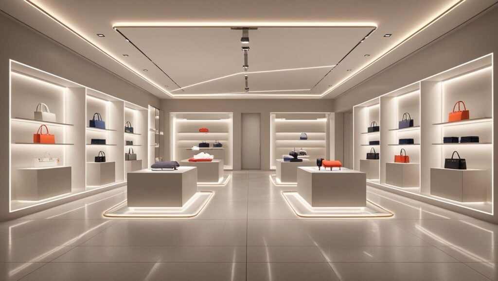 Commercial retail space with strategically placed spotlights highlighting merchandise, combined with LED strip lights providing general store ambiance.