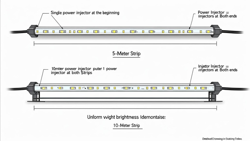 Diagram illustrating one-end power injection for a 5 m strip and dual-end injection for a 10 m strip to maintain voltage and brightness. 