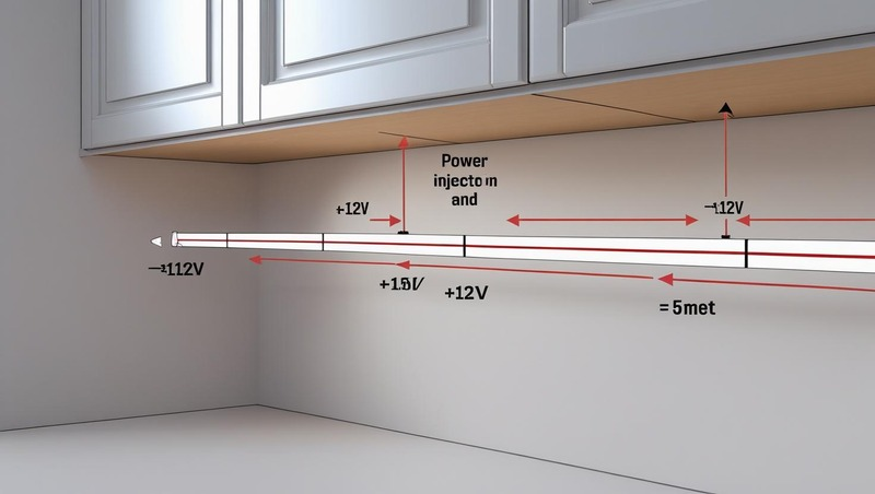 Diagram illustrating power injection at start, midpoint, and end of a 10 m LED strip to maintain uniform brightness.